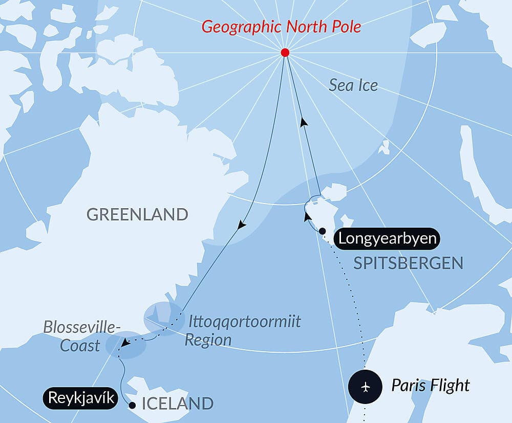 The Geographic North Pole and the east coast of Greenland  null